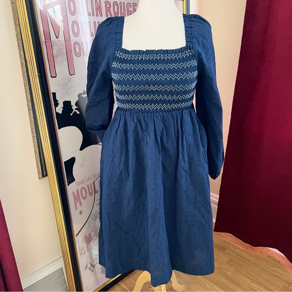 Draper James RSVP Navy Blue Corduroy Smocked Dress Size M Medium 100% Cotton